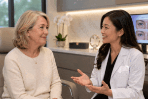 Senior woman with lower eyelid soreness is having an eyelid surgery consultation at Vantage Eye Center.