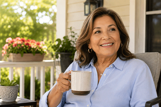 Salinas woman drinking coffee on her porch after successful eyelid surgery with Dr. Mazi Bidar at Vantage Eye Center in Monterey and Salinas, California.