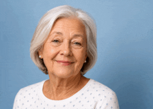 Senior woman with puffy upper eyelids before eyelid surgery at Vantage Eye Center in Monterey.
