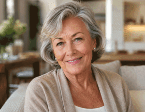 Smiling senior woman with brow heaviness, representing browpexy as part of Botox and blepharoplasty in Monterey at Vantage Eye Center.