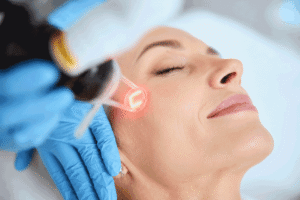 Older woman receiving CO2 laser resurfacing near the cheek, representing skin rejuvenation options for Botox and blepharoplasty in Monterey at Vantage Eye Center.