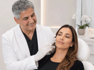 Dr. Mazi Bidar performing dermal filler treatment on a patient, representing Botox and blepharoplasty in Monterey at Vantage Eye Center.