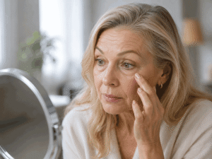 Older woman looking at under-eye bags in a mirror, representing lower blepharoplasty concerns for Botox and blepharoplasty in Monterey at Vantage Eye Center.