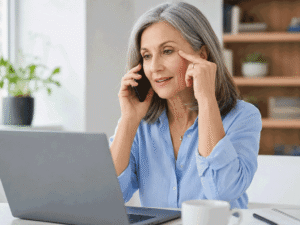 Older woman on the phone while researching Botox and blepharoplasty in Monterey on her laptop, representing treatment planning at Vantage Eye Center.