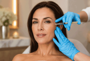 Woman receiving a Botox and fillers cosmetic injection near the eye area at Vantage Eye Center.