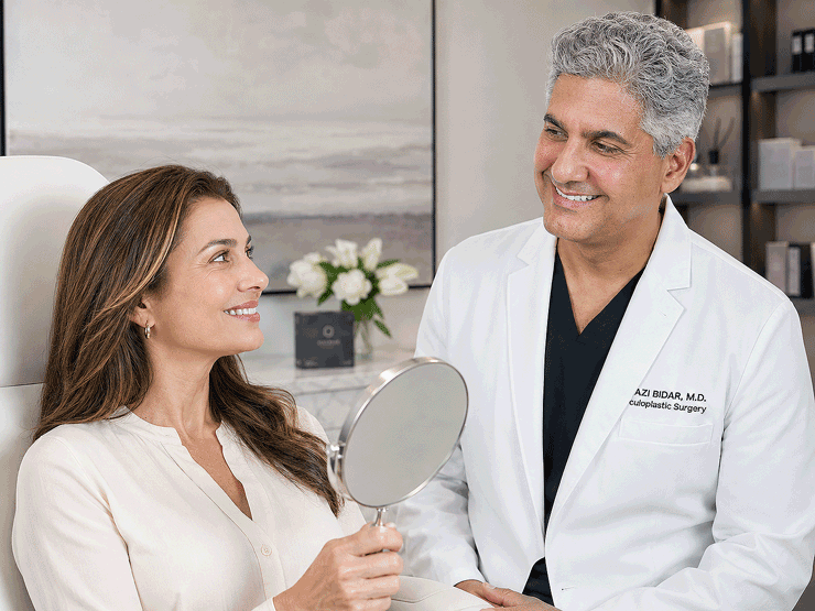 Dr. Bidar smiling with a female patient holding a hand mirror after Botox and fillers treatment at Vantage Eye Center.