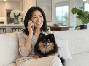 Woman making an eye appointment by phone with her Pomeranian in her lap, supporting eye allergy treatment for pet owners at Vantage Eye Center.
