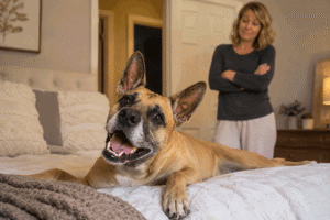 Happy dog lying on its owner’s bed while a woman looks on, representing eye allergy treatment for pet owners at Vantage Eye Center.