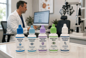 Assortment of allergy eye drops on an exam room table with an eye doctor working in the background at Vantage Eye Center.