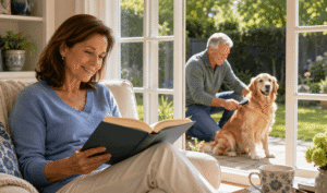 Woman reading indoors while her husband brushes their golden retriever outside, supporting eye allergy treatment for pet owners at Vantage Eye Center.