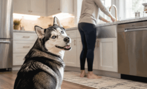 Husky watching its owner wash their hands in the kitchen, supporting eye allergy treatment for pet owners.