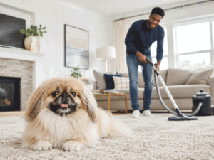 Fluffy Pekingese lying on the carpet while its owner vacuums, supporting eye allergy treatment for pet owners at Vantage Eye Center.
