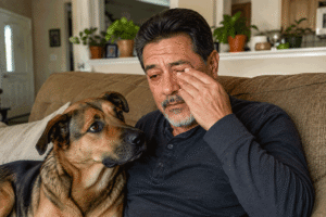 Man rubbing his irritated eye while sitting with his dog, representing eye allergy treatment for pet owners at Vantage Eye Center.