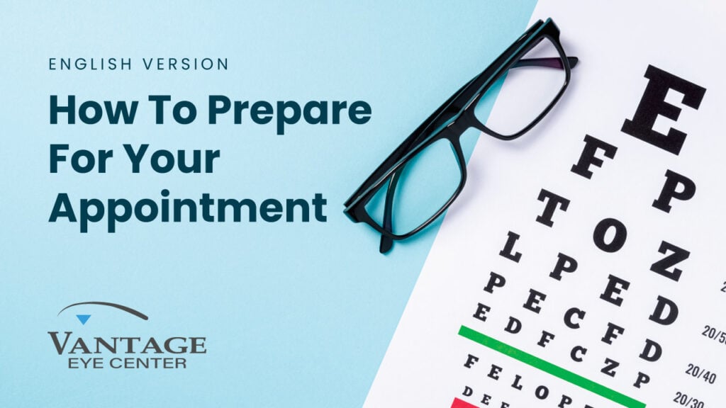 Vantage Eye Center appointment-preparation graphic featuring black eyeglasses on an eye chart beside the text “How To Prepare For Your Appointment.”