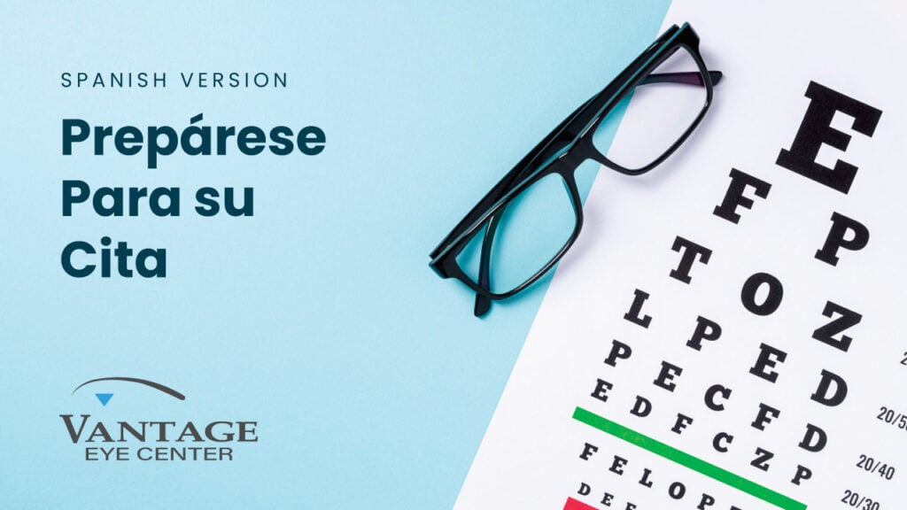 Spanish appointment-preparation graphic for Vantage Eye Center featuring black eyeglasses resting on an eye chart beside the text “Prepárese Para su Cita.”