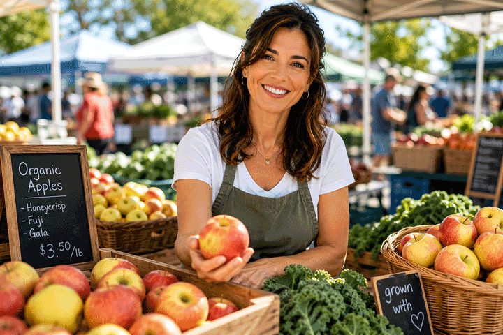 Hispanic woman selling apples at a farmers market, illustrating an active lifestyle for patients exploring nearsightedness treatment options at Vantage Eye Center.