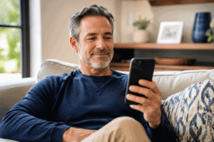 Man reading on his phone while exploring nearsightedness treatment options from Vantage Eye Center.
